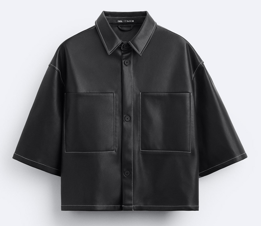 Faux leather cropped overshirt