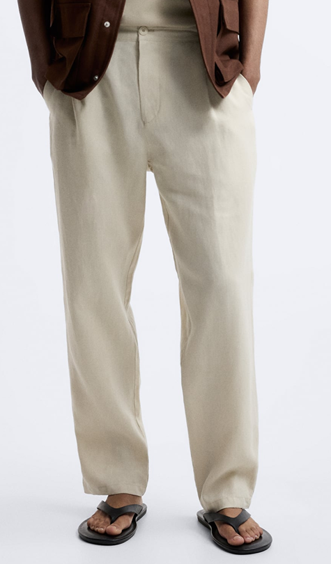 Regular fit 100% linen pleated trouser